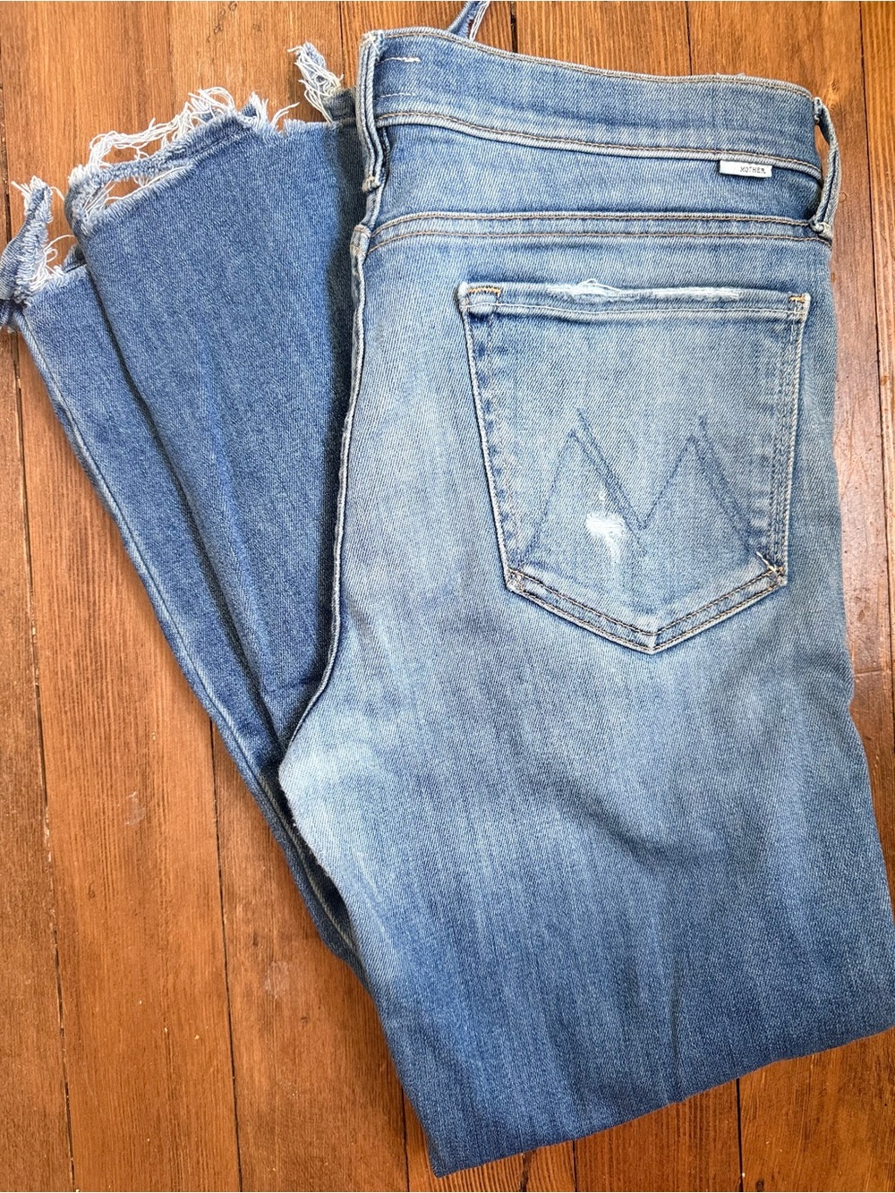 MOTHER Straight Leg Distressed Blue Jeans